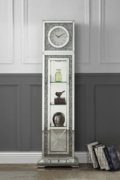 Acme AC00354 Astoria grand Noralie mirrored grandfather clock with decorative crown and faux crystal look and modern design