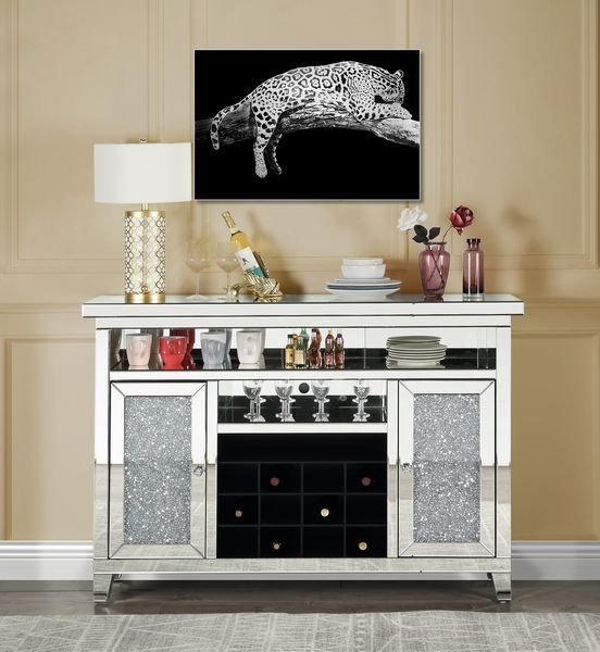Acme AC00526 Everly quinn albaugh noralie mirrored 59" TV stand / wine cabinet with faux diamond inlay with wine rack