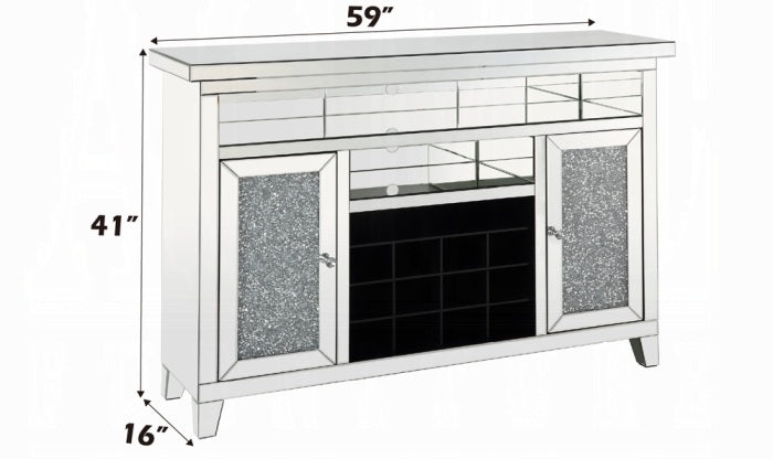 Acme AC00526 Everly quinn albaugh noralie mirrored 59" TV stand / wine cabinet with faux diamond inlay with wine rack