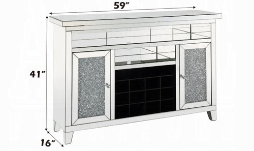 Acme AC00526 Everly quinn albaugh noralie mirrored 59" TV stand / wine cabinet with faux diamond inlay with wine rack