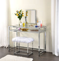Acme AC00666 3 pc Mercer 41 ballesteros coleen clear glass and chrome frame vanity / desk set with stool