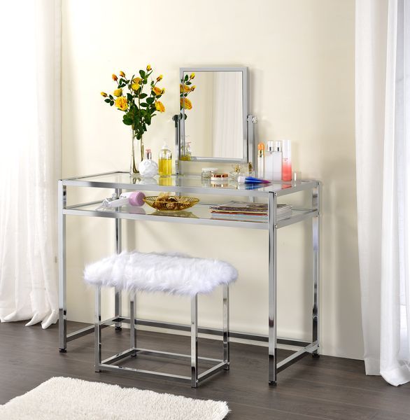 Acme AC00666 3 pc Mercer 41 ballesteros coleen clear glass and chrome frame vanity / desk set with stool