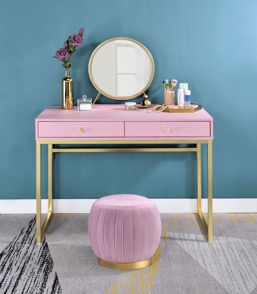 Acme AC00668 Mercer 41 ballesteros Coleen pink finish wood and gold frame vanity / make up / desk with mirror
