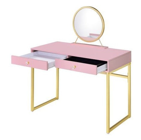 Acme AC00668 Mercer 41 ballesteros Coleen pink finish wood and gold frame vanity / make up / desk with mirror