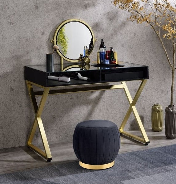 Acme AC00669 Mercer 41 ballesteros Coleen black finish wood and gold frame vanity / make up / desk with mirror