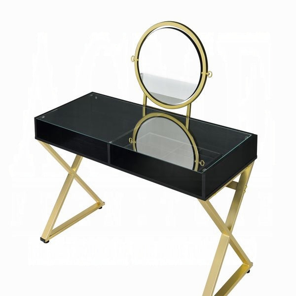 Acme AC00669 Mercer 41 ballesteros Coleen black finish wood and gold frame vanity / make up / desk with mirror