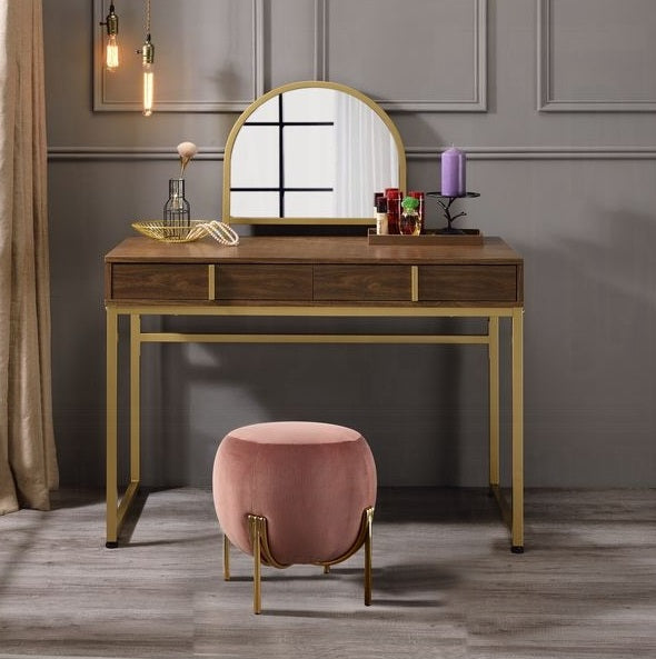 Acme AC00670 Mercer 41 ballesteros Coleen walnut finish wood and gold frame vanity / make up / desk with mirror