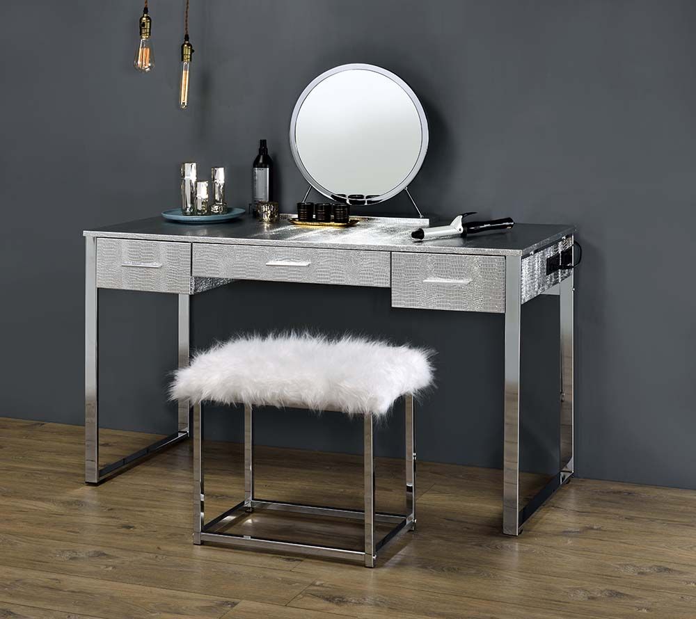 Acme AC00840 Mercer 41 ballesteros myles alligator texture silver finish and chrome frame vanity / desk mirror