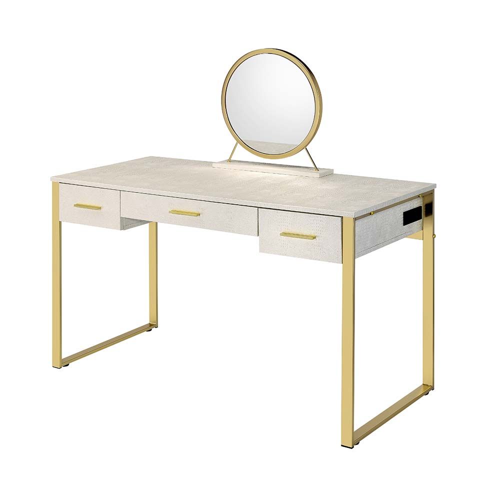 Acme AC00841 Mercer 41 ballesteros myles alligator texture white finish and champagne frame vanity / desk mirror and stool set