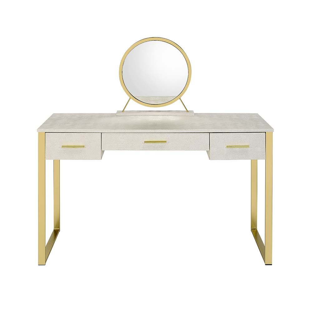 Acme AC00841 Mercer 41 ballesteros myles alligator texture white finish and champagne frame vanity / desk mirror and stool set