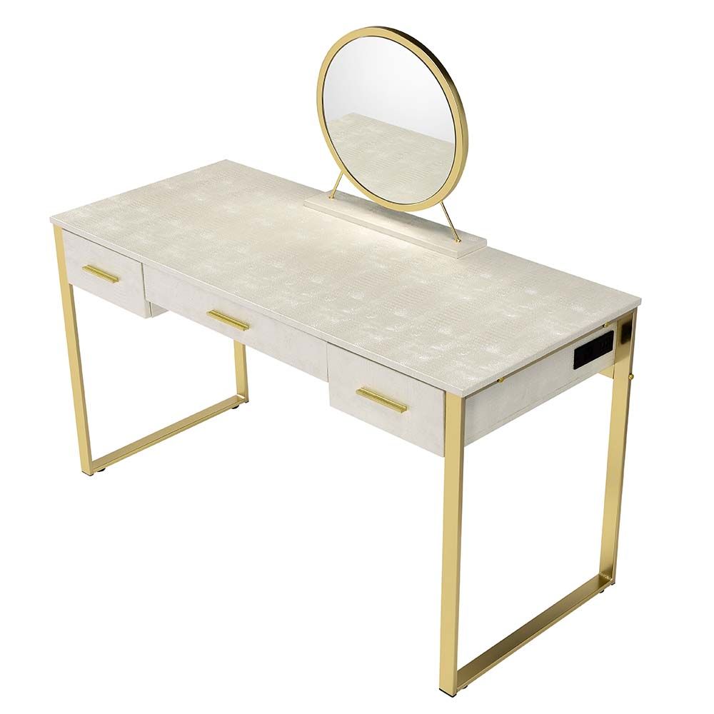 Acme AC00841 Mercer 41 ballesteros myles alligator texture white finish and champagne frame vanity / desk mirror and stool set