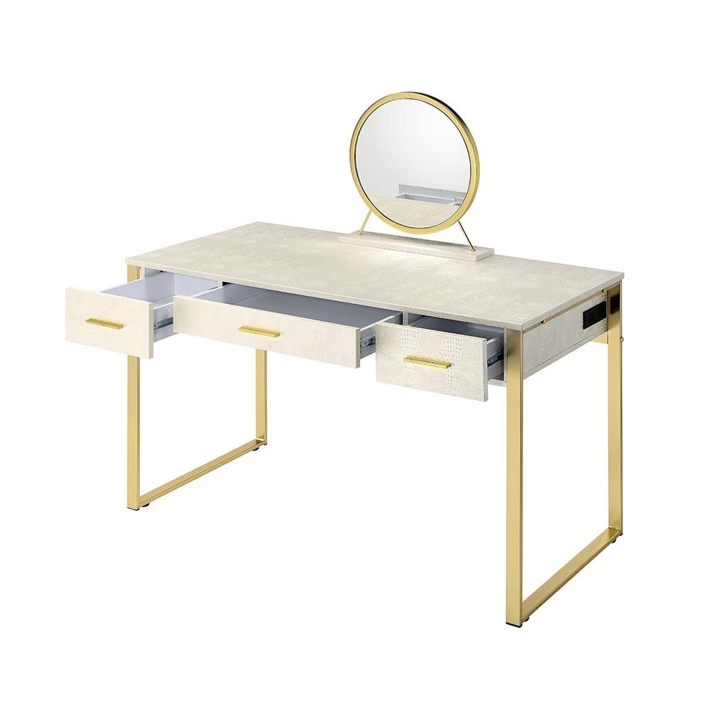 Acme AC00841 Mercer 41 ballesteros myles alligator texture white finish and champagne frame vanity / desk mirror and stool set