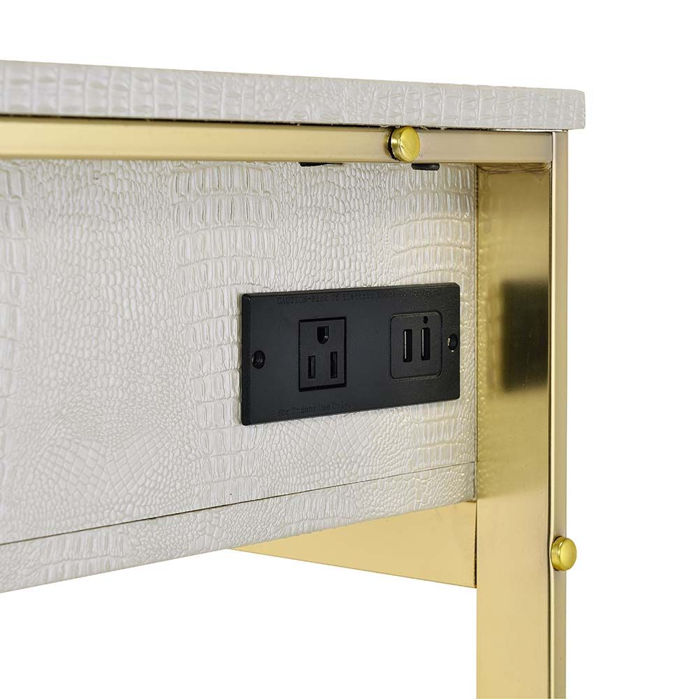 Acme AC00841 Mercer 41 ballesteros myles alligator texture white finish and champagne frame vanity / desk mirror and stool set