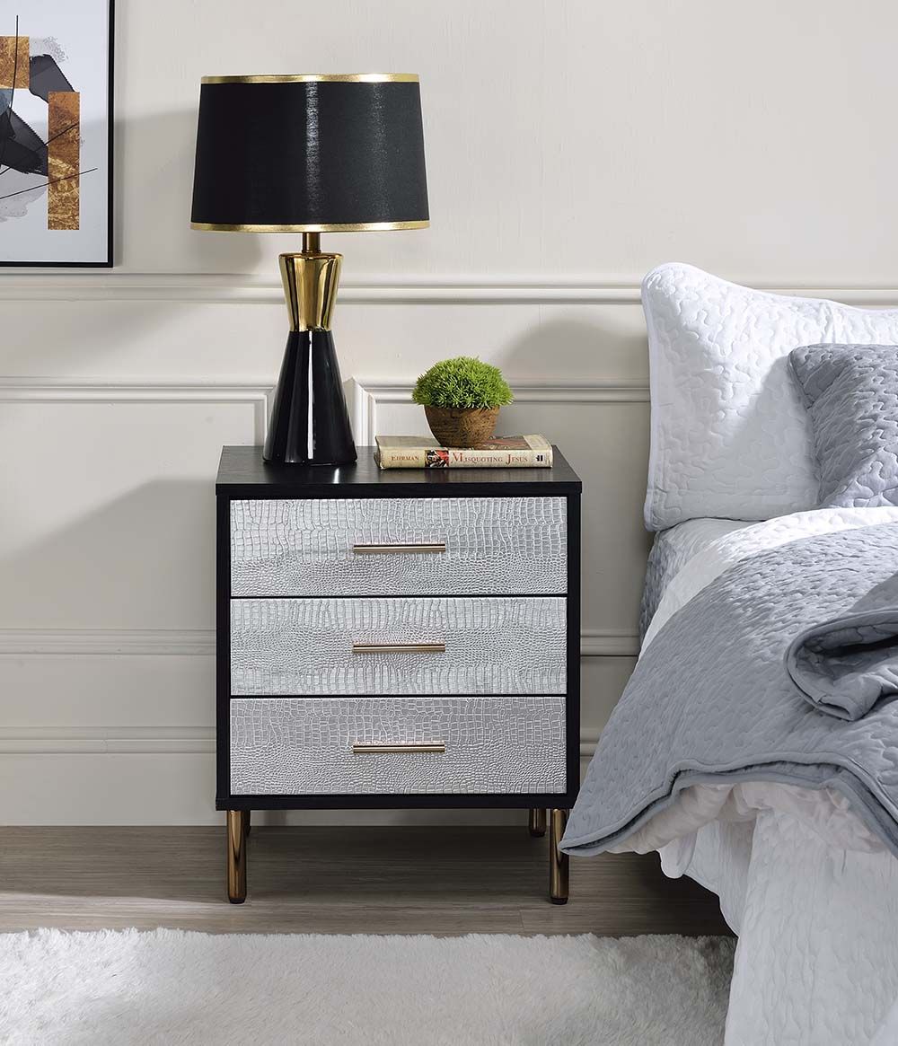 Acme AC00842 Myles black and silver faux alligator print front 3 drawer bedroom nightstand