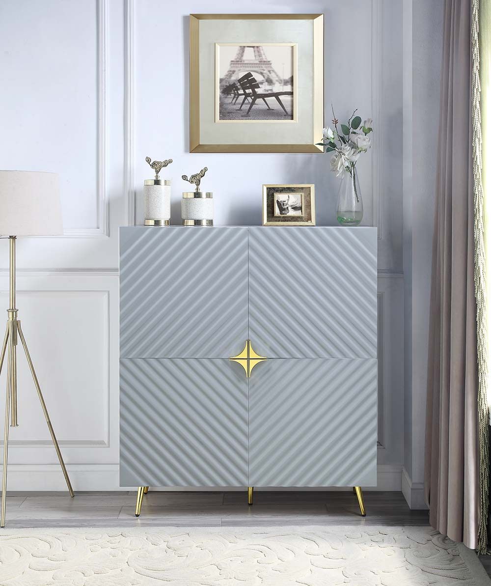 Acme AC01032 Everly quinn parsa gaines grey high gloss finish wood gold accents modern style cabinet