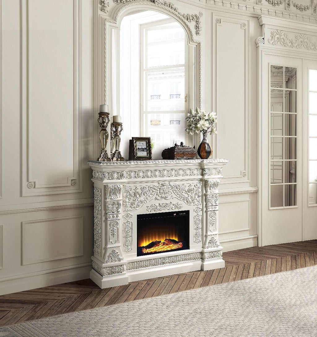 Acme AC01617 Orren ellis jacqueline Vanaheim antique white finish wood 62" wide fireplace carved accents
