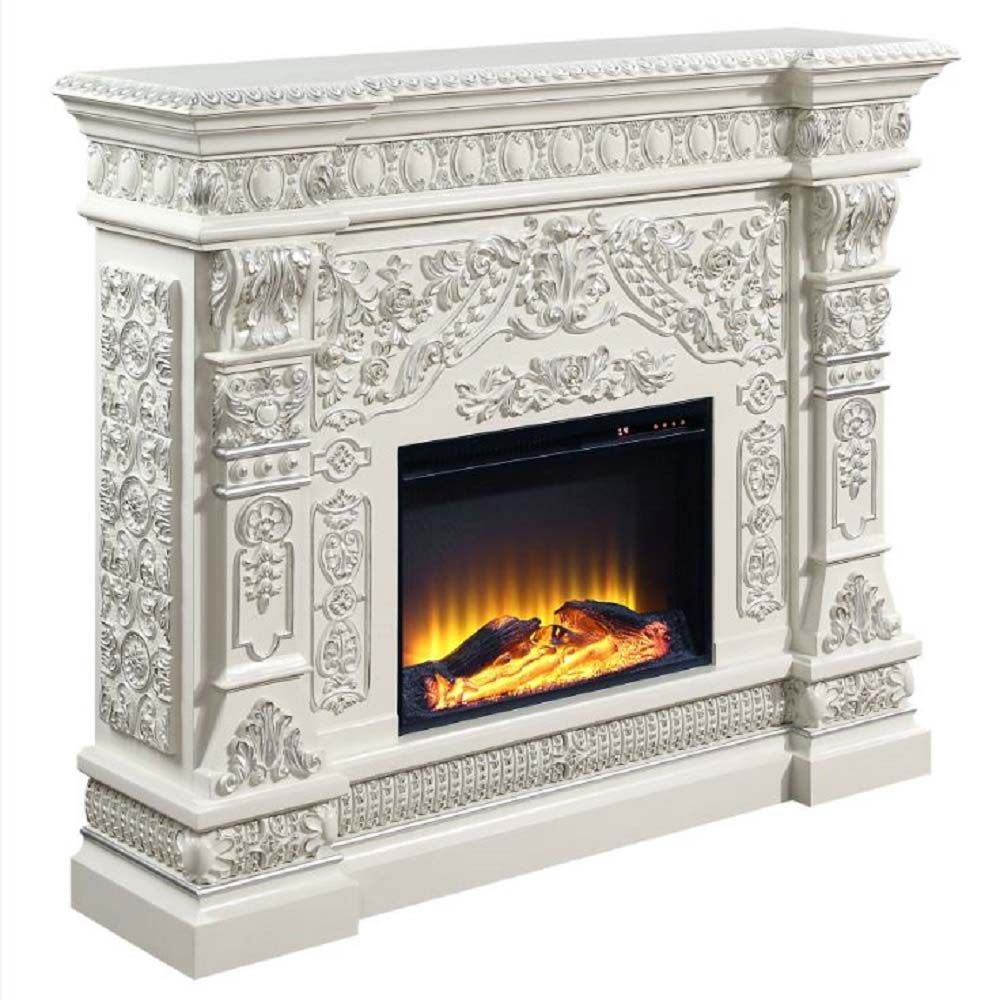 Acme AC01617 Orren ellis jacqueline Vanaheim antique white finish wood 62" wide fireplace carved accents