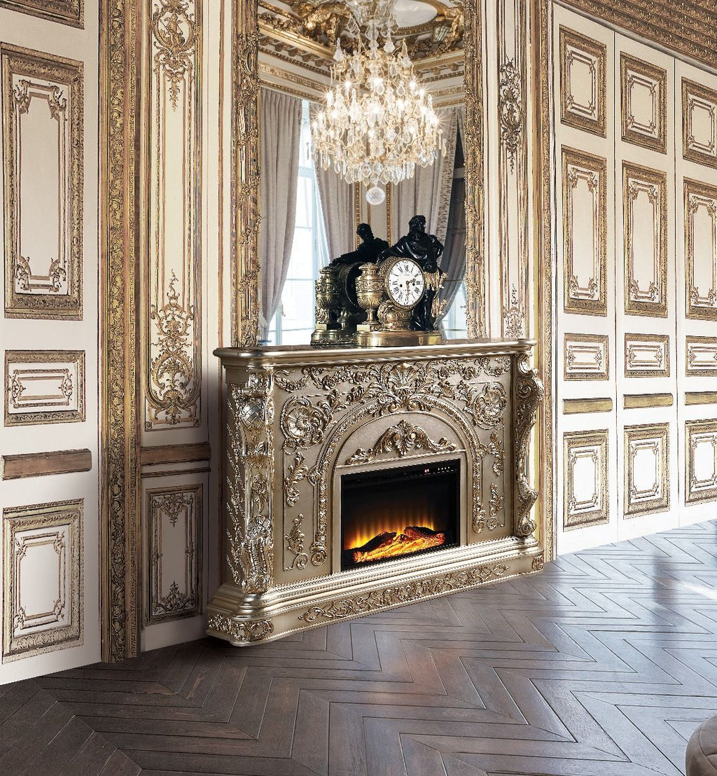 Acme AC01618 Orren ellis jacqueline Danae antique silver finish wood 69" wide fireplace carved accents