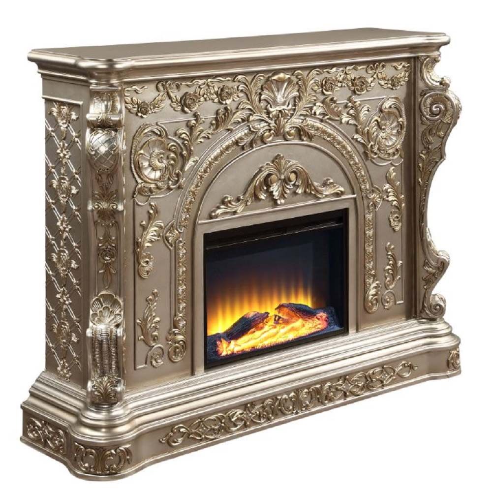 Acme AC01618 Orren ellis jacqueline Danae antique silver finish wood 69" wide fireplace carved accents