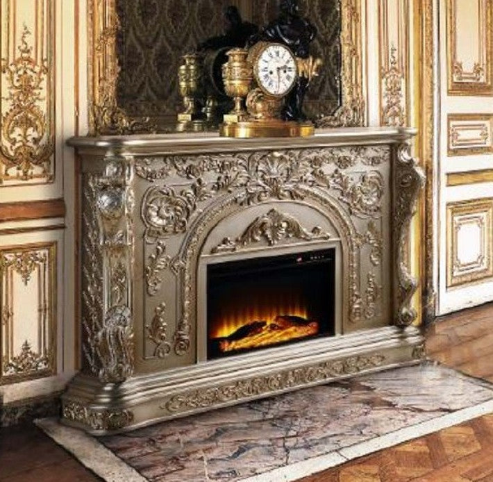 Acme AC01618 Orren ellis jacqueline Danae antique silver finish wood 69" wide fireplace carved accents