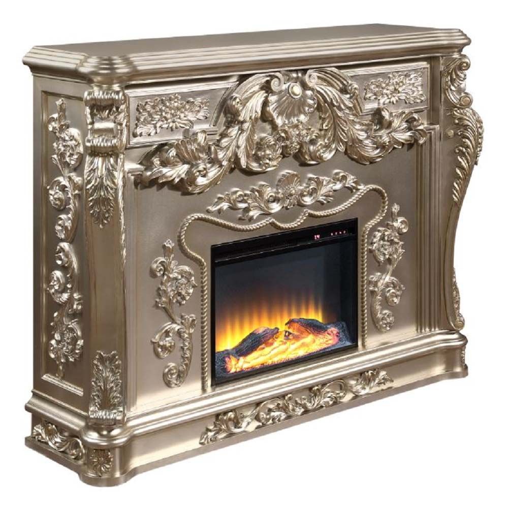 Acme AC01619 Orren ellis jacqueline Sorina antique silver finish wood 66" wide fireplace carved accents