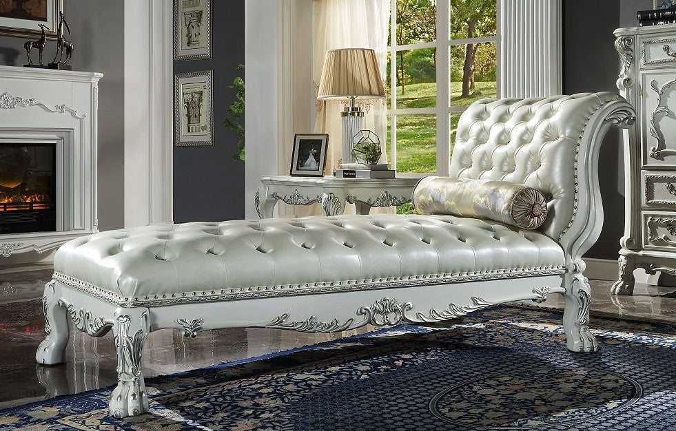 Acme AC01693  Astoria grand bethnal dresden bone white finish wood bone faux leather chaise lounger