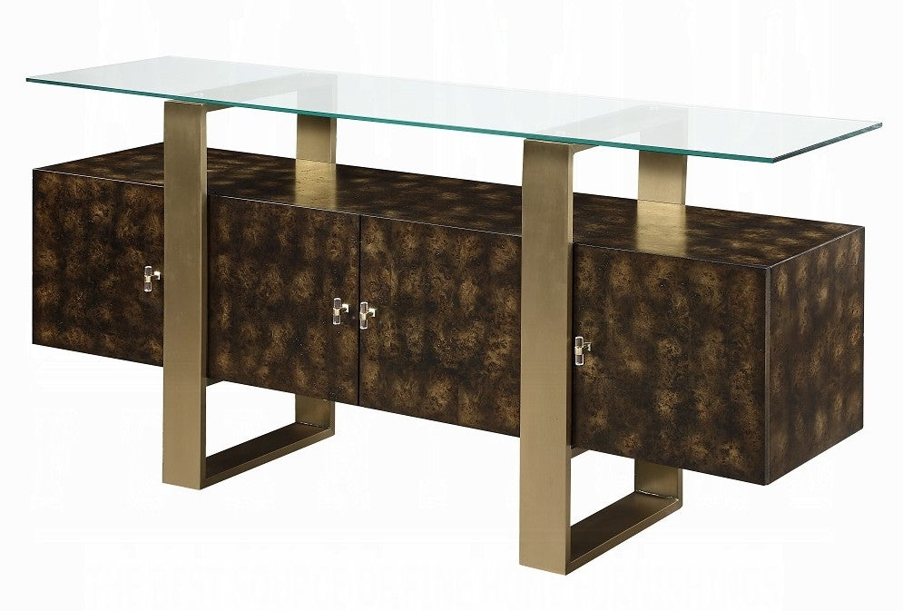 Acme AC01923 Mabyn antique brown wood burl finish wood hall entry console cabinet clear glass top brass colored legs