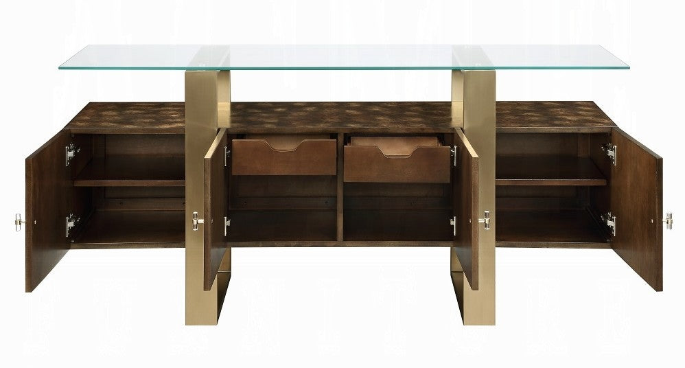 Acme AC01923 Mabyn antique brown wood burl finish wood hall entry console cabinet clear glass top brass colored legs