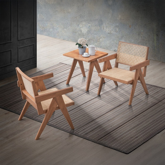 Acme AC02375-76 3 pc Velentina natural finish wood rattan seating mid century modern accent chair and table set
