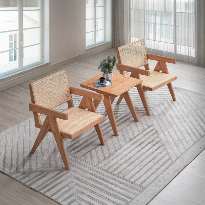 Acme AC02375-76 3 pc Velentina natural finish wood rattan seating mid century modern accent chair and table set