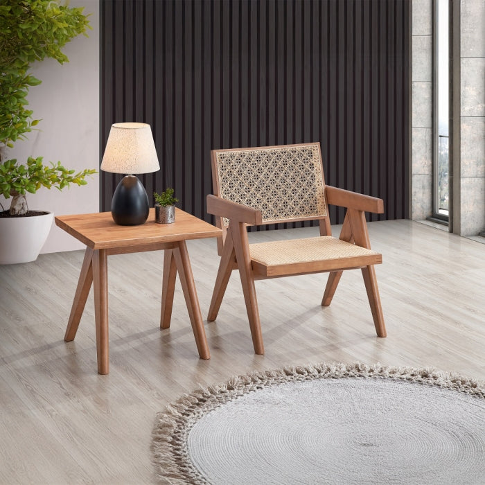 Acme AC02375-76 3 pc Velentina natural finish wood rattan seating mid century modern accent chair and table set