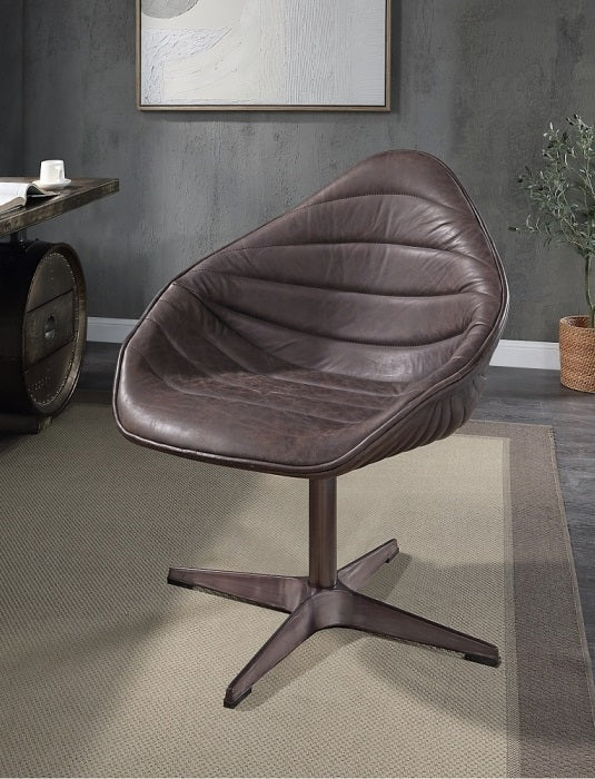 Acme AC02582 Pipino antique ebony top grain leather swivel mid century modern accent chair