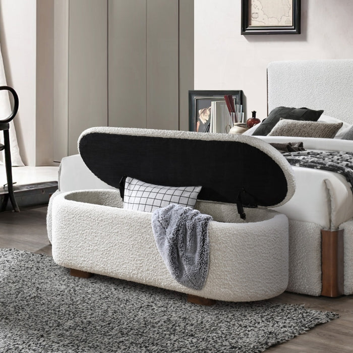 Sandro Beige Boucle Fabric Padded Lift-Top Oval Storage Bedroom Bench – BD02652