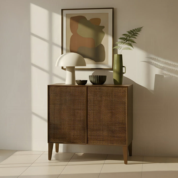 Acme AC02897 Lois rattan webbing design walnut finish solid mahogany wood console entry hall sideboard cabinet
