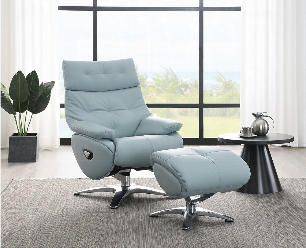 Acme AC02990 2 pc Janella Anson baby blue top grain leather recliner swivel chair with ottoman