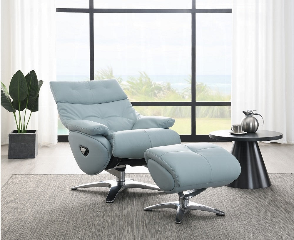 Acme AC02990 2 pc Janella Anson baby blue top grain leather recliner swivel chair with ottoman