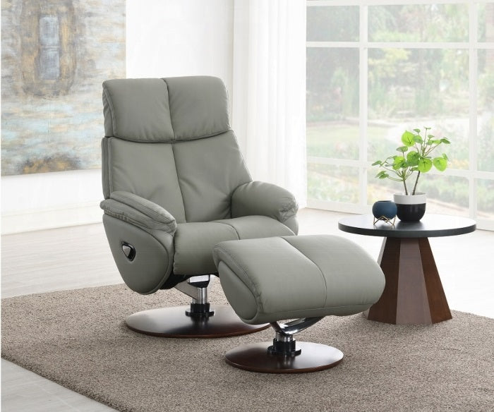 Acme AC02991 2 pc Janella Anson grey top grain leather recliner swivel chair with ottoman