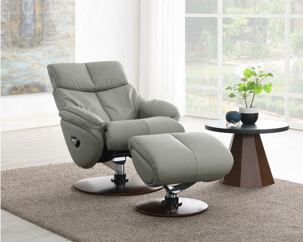Acme AC02991 2 pc Janella Anson grey top grain leather recliner swivel chair with ottoman