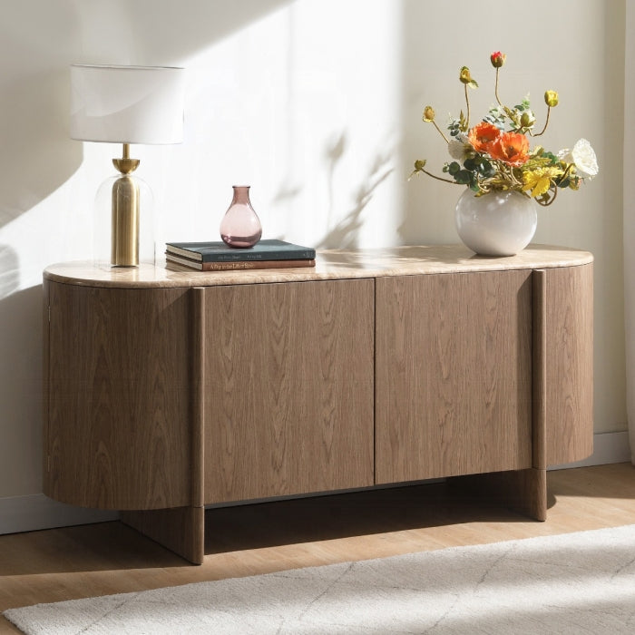 Markku Natural Marble and Oak Finish Wood Server Buffet Console Cabinet – AC05319