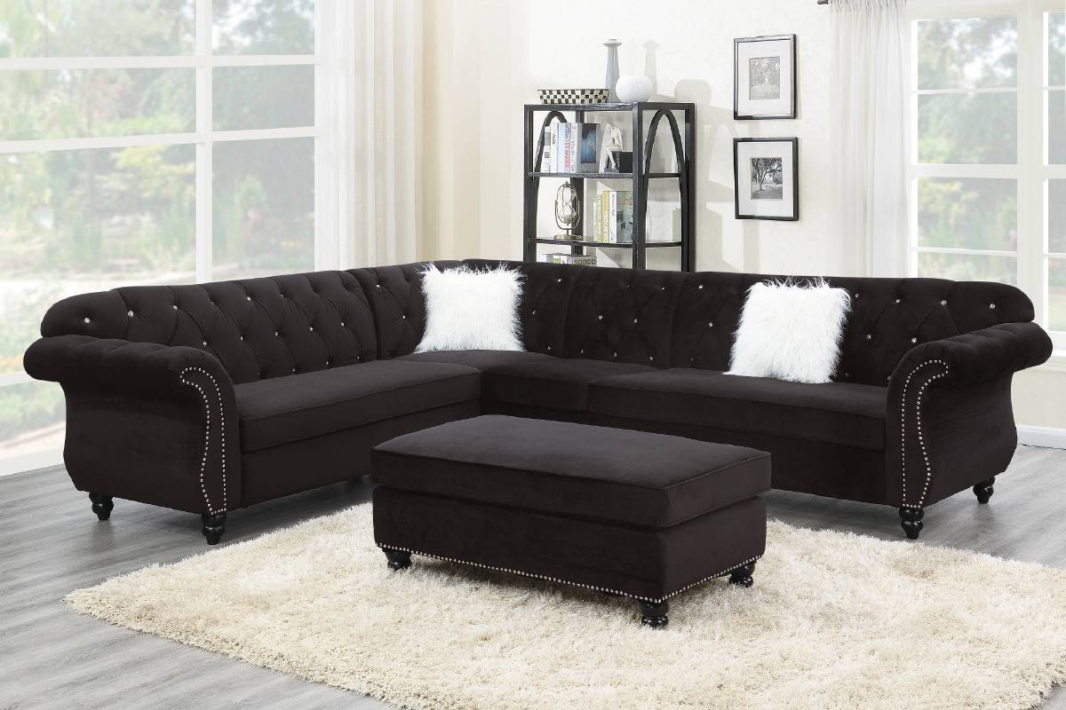 Poundex F6433 4 pc jolanda black velvet fabric sectional sofa with tufted backs