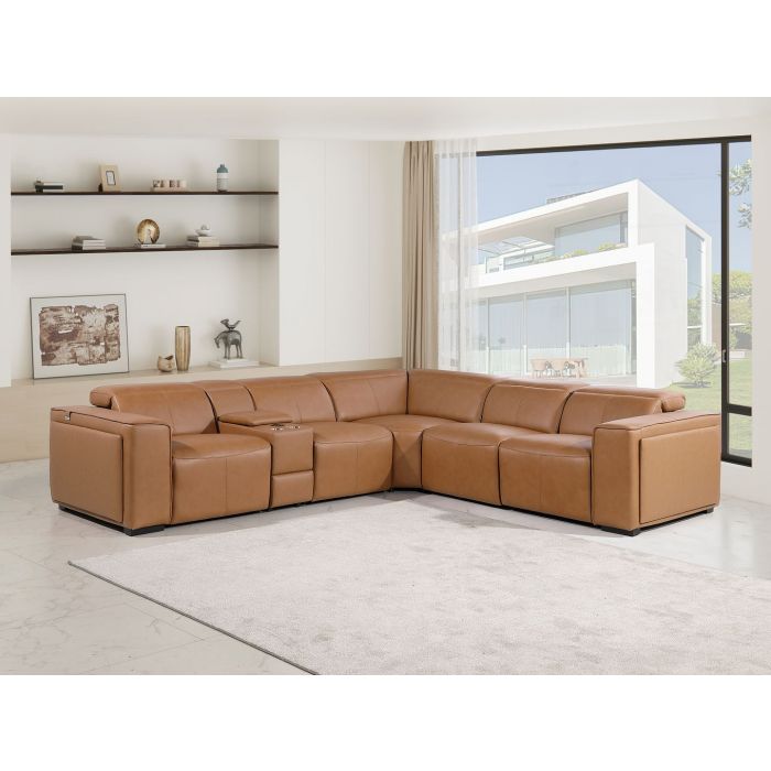 Global United DivanItalia Cognac Italian Leather 6 PC Power Reclining Sectional Sofa with Adjustable Headrests – 1224CG-6PC