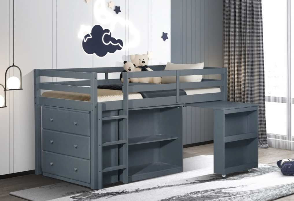 Alan-DSK Grey finish wood twin loft bed with drawers and shelf and slide out desk