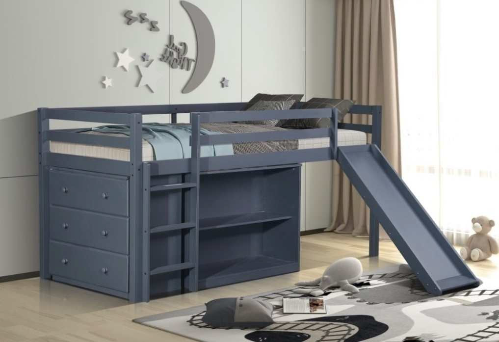 Alan-SLD Grey finish wood twin loft bed with drawers and shelf with slide