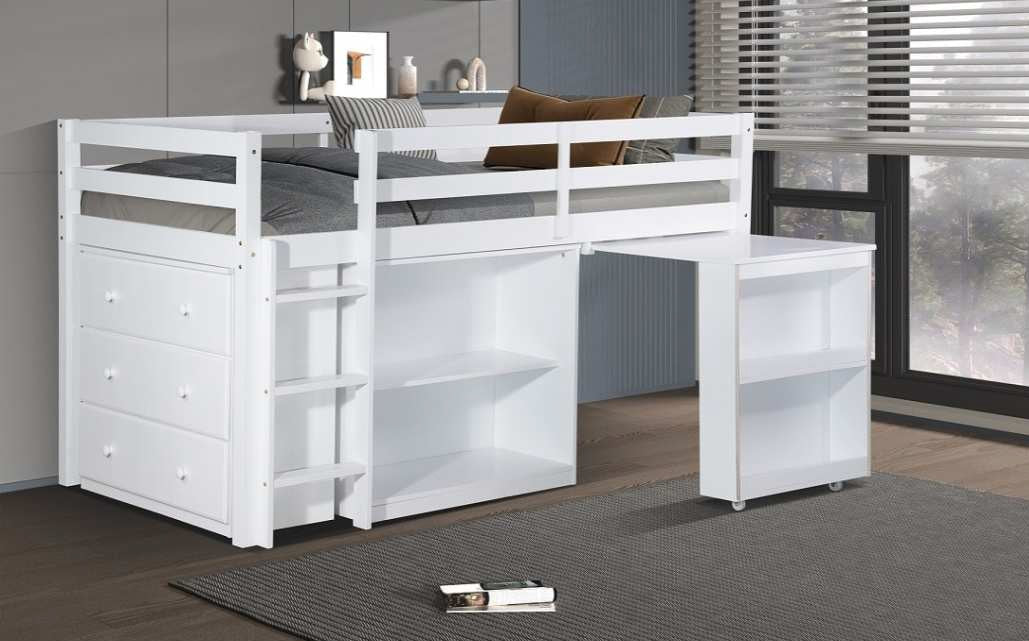 Alan-DSK White finish wood twin loft bed with drawers and shelf and slide out desk