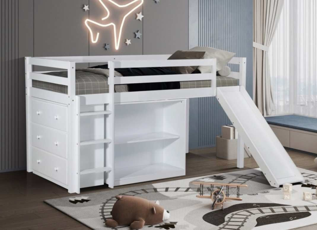 Alan-SLD White finish wood twin loft bed with drawers and shelf with slide