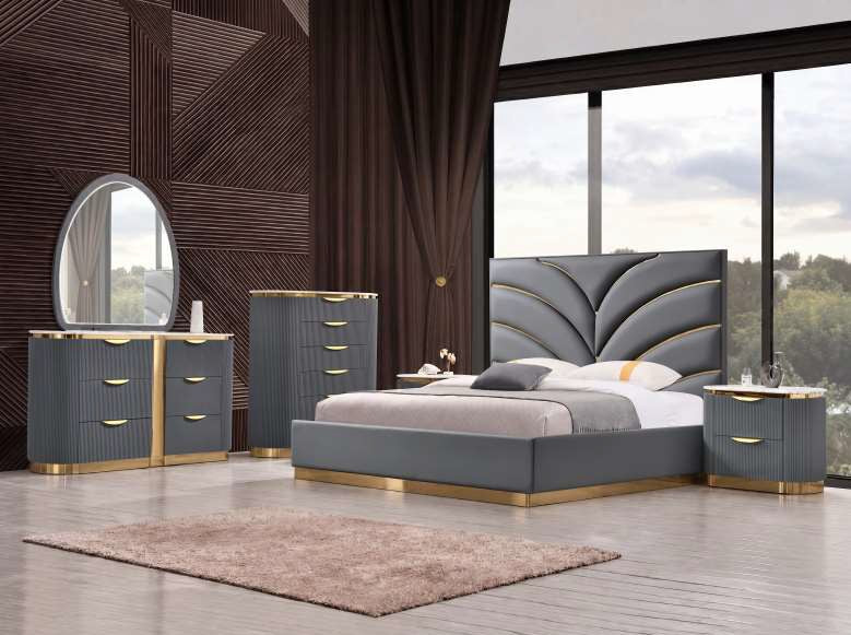 Mc Ferran Arial Grey Wood Finish Faux Leather Tufted Queen Bedroom Set – B1003