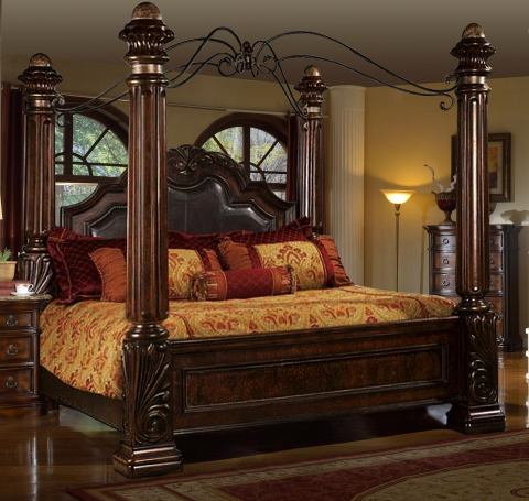 B6005-4PC 4 pc Tuscan II medium wood finish with bonded leather tufted padded headboard four poster canopy bedroom set with marble tops