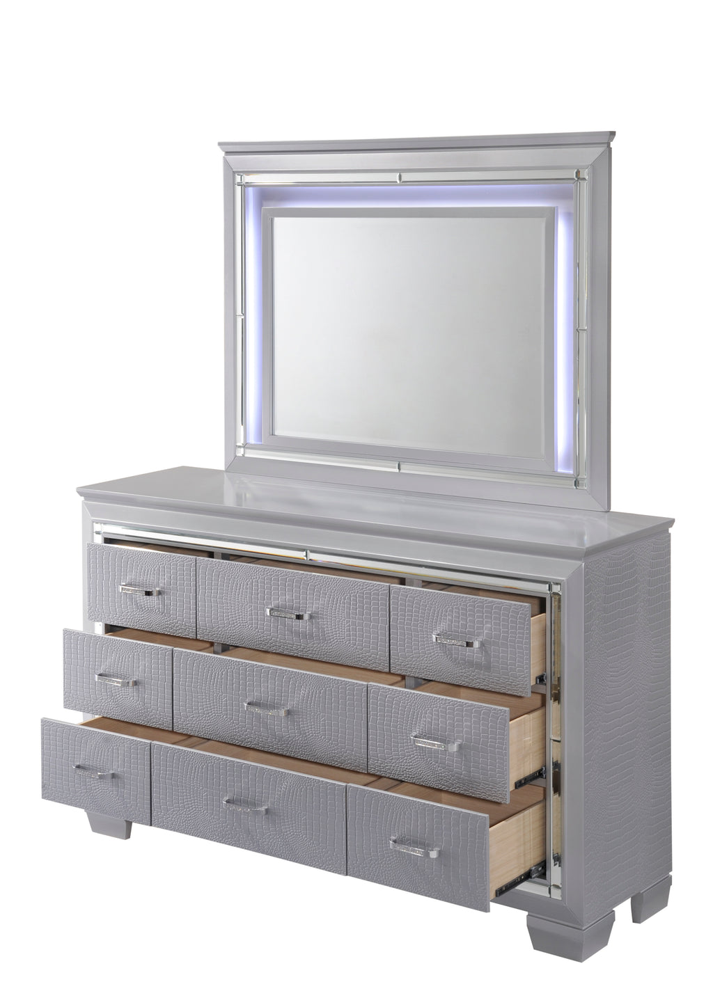 Lillian 4-Piece Metallic Wood Queen Bedroom Set with LED Accents – B7100
