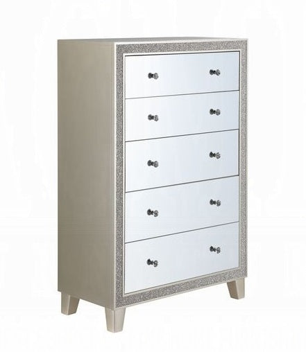 Acme BD00247 Sliverfluff champagne finish wood mirrored fronts 5 drawer tall chest
