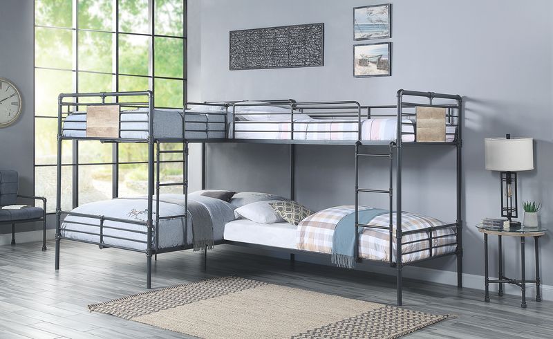 Acme BD00365 Wildon home cordelia quadruple twin over twin full over full low rise sandy black dark bronze hand rubbed finish tubular metal bunk bed